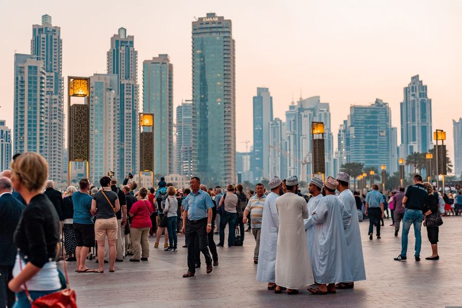 Downtown Dubai towers at street level